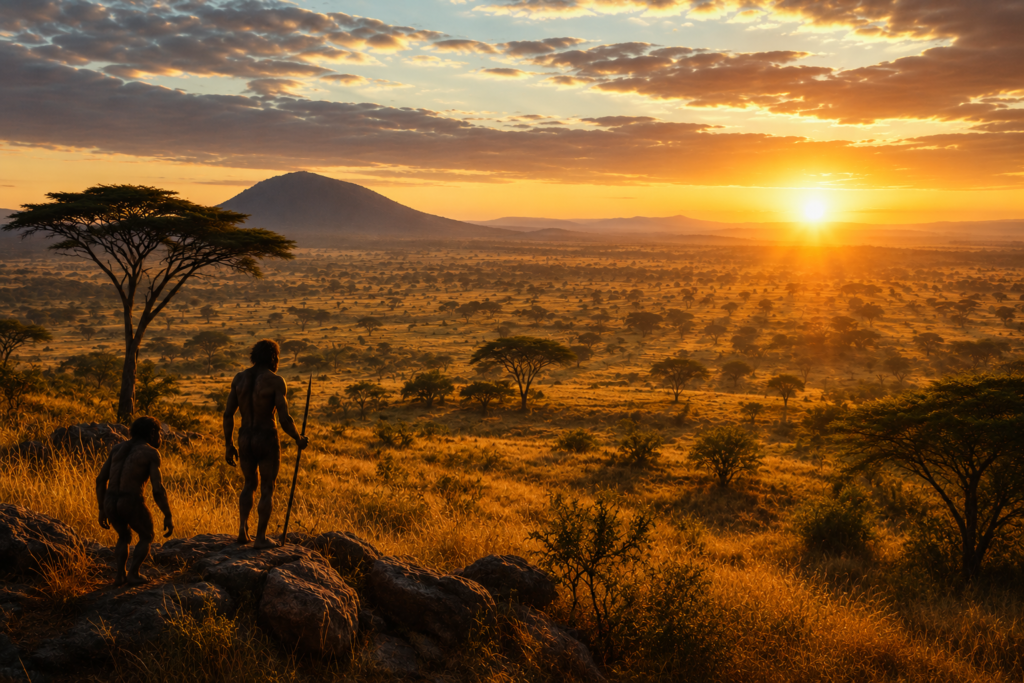 "Vast African savannah landscape with golden grasses — the environment that drove climate change and human evolution" how Climate Change Affected Human