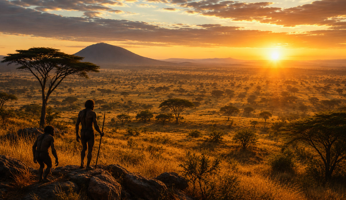 "Vast African savannah landscape with golden grasses — the environment that drove climate change and human evolution" how Climate Change Affected Human