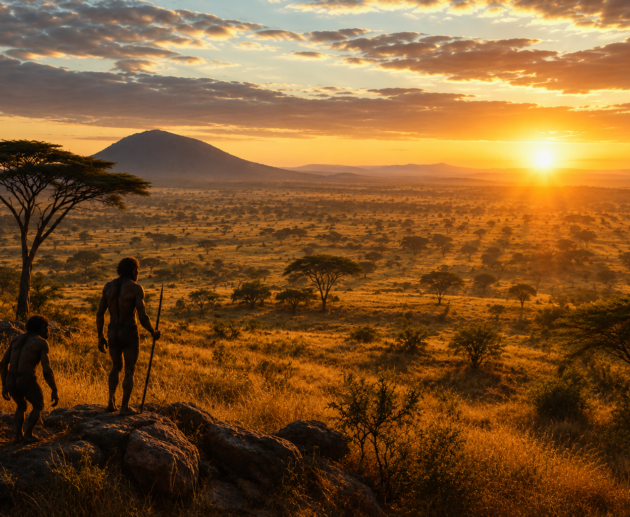 "Vast African savannah landscape with golden grasses — the environment that drove climate change and human evolution" how Climate Change Affected Human