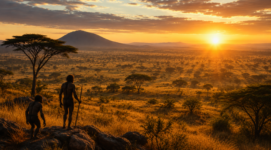 "Vast African savannah landscape with golden grasses — the environment that drove climate change and human evolution" how Climate Change Affected Human