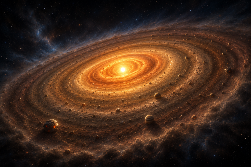 Illustration of the solar nebula, a rotating cloud of gas and dust where Earth and the other planets began to form .how did earth form